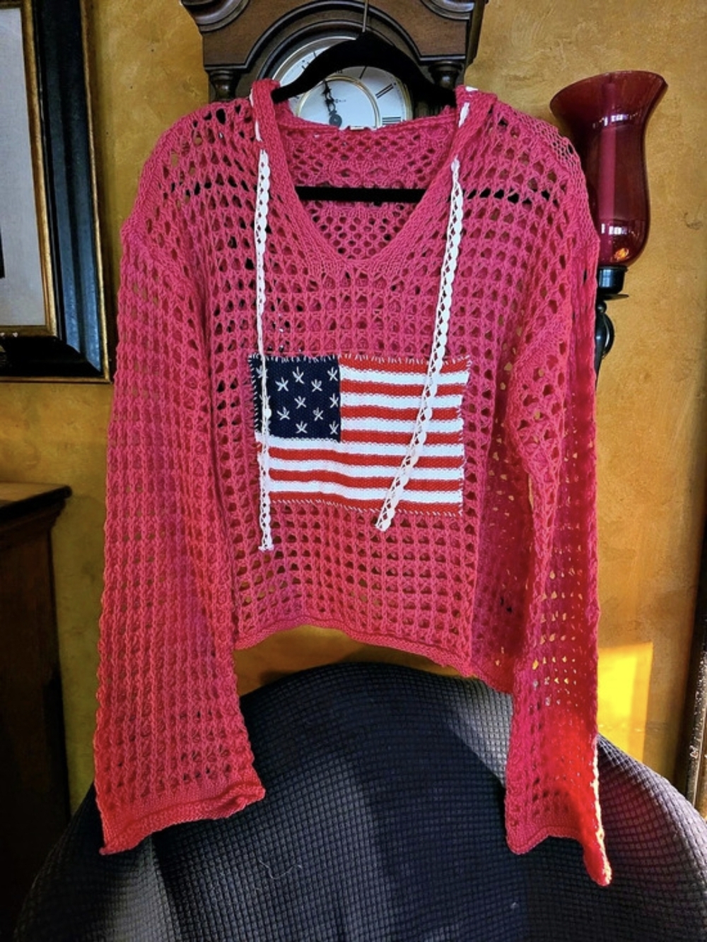 POL Pink American Flag Crochet Hoodie